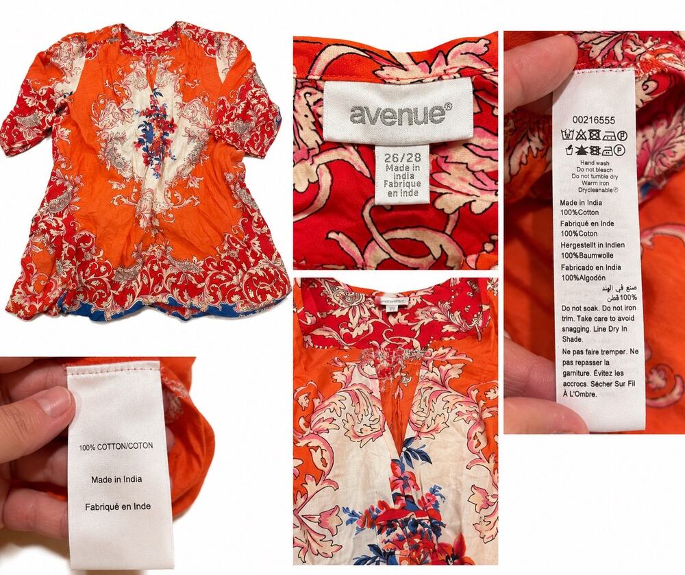 Avenue Floral Boho Tunic Top 26/28 Orange Pink Cotton Peasant Blouse